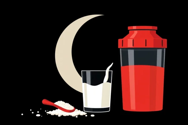 shaker de protéines et dose de caséine en poudre à côté d'un verre de lait, ambiance nocturne, illustration néo-brutaliste sombre
