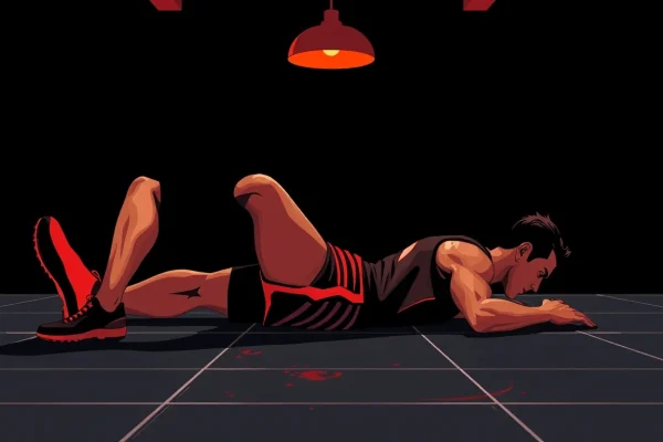 illustration néo-brutaliste sombre d'un athlète au sol exécutant un crunch, accents rouges
